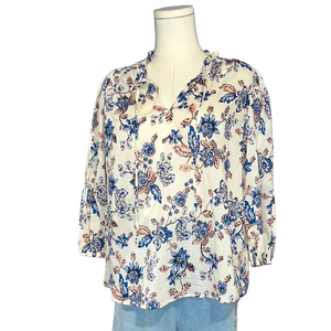 Aqua White Cream 3/4 Sleeve Floral Blouse with Mandarin Collar - small
